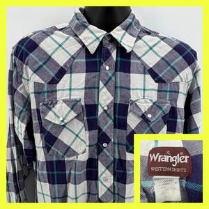Wrangler Western Shirt Mens XL Pearl Snap Flannel Plaid Purple Green Cotton Yoke